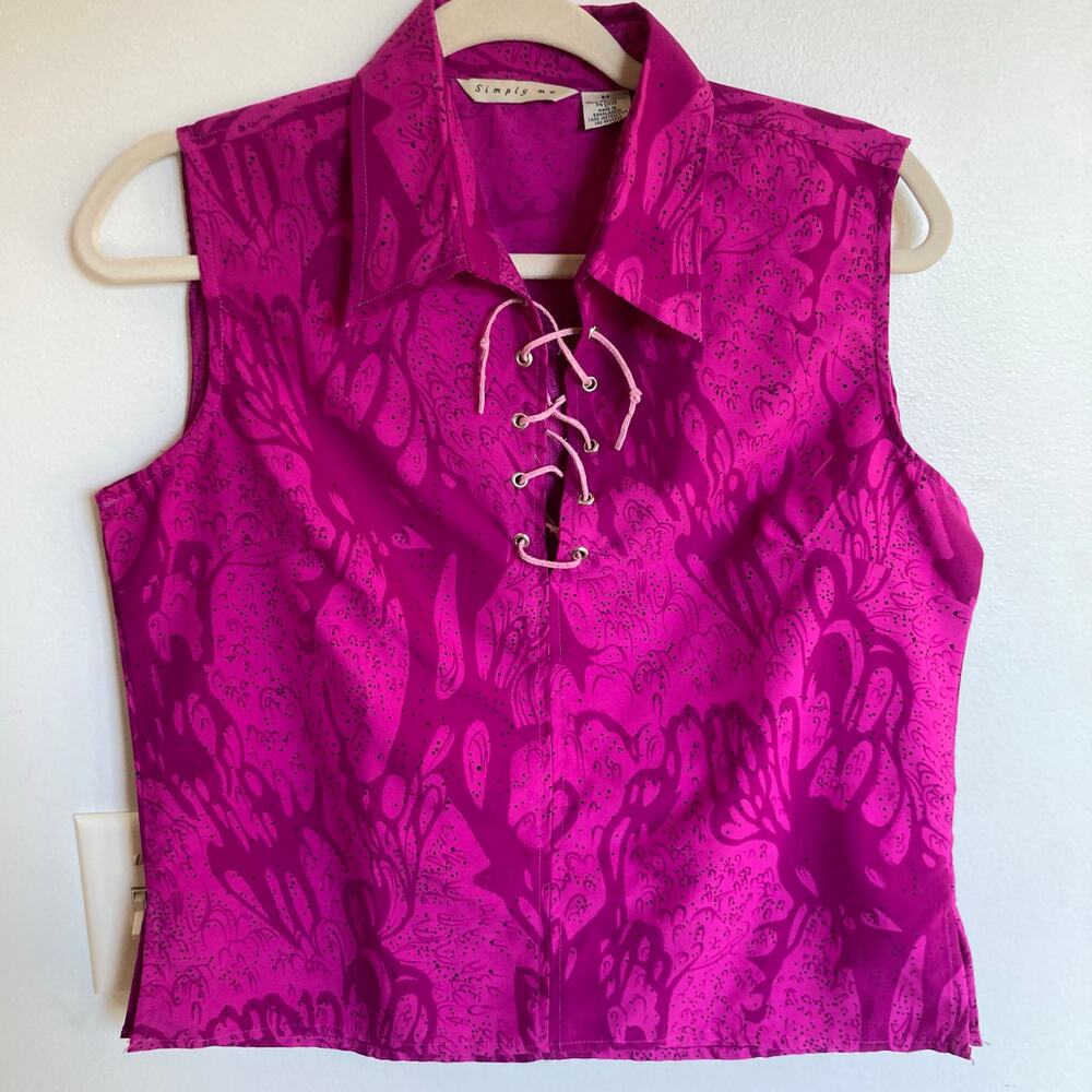 Simply Me Y2K Lace Up Grommet Crop Top M Sleeveless Fuchsia Pink Swirl Print